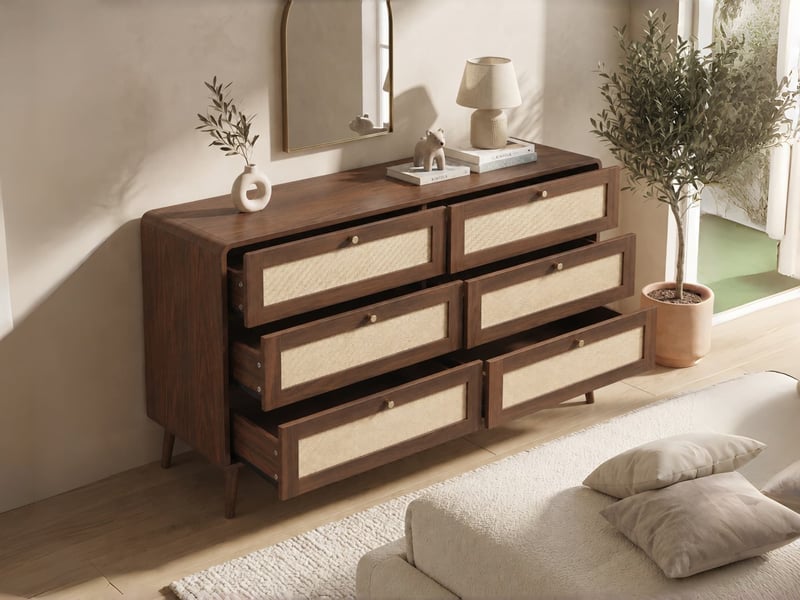  Commode à 6 tiroirs, 80 x 40 x 120 cm, façades de tiroirs en cannage, avec coins arrondis et pieds surélevés, finition en noyer  - Conforama B