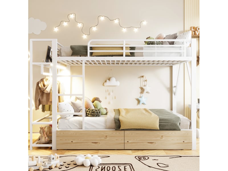  Lit superposé 140x200cm, lit enfant, adulte, led, 2 tiroirs, rangements et penderie, mdf et métal, blanc sans matelas  - Conforama B