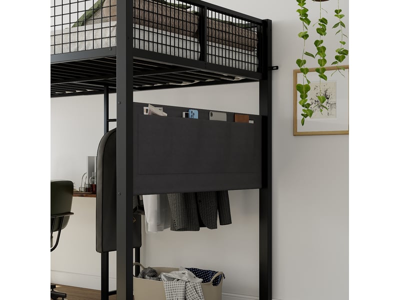  Lit mezzanine 140 x 200 cm en métal et bois avec bureau d'angle, escalier, tablette clavier et station de charge noir et décor bois foncé chicfurn  - Conforama E