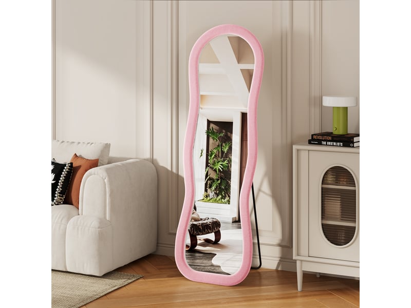  Miroir sur pied - 160 x 50 cm - rose - miroir plein pied ondulé, cadre rembourré en velours, style romantique français  - Conforama C
