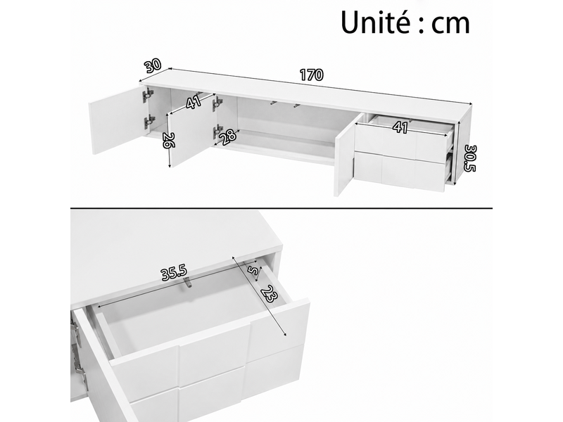  Meuble tv bas blanc brillant 170 cm – 3 portes et 2 tiroirs – à poser ou mural  - Conforama D