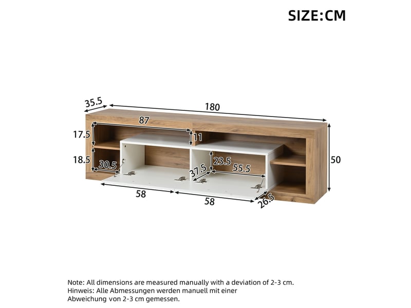  Meuble tv 180 x 35,5 x 50 cm avec led, 2 tiroirs, 4 niches, naturel et blanc  - Conforama C
