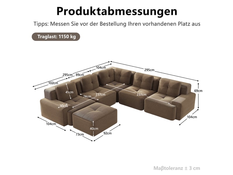 Canapé d'angle panoramique modulable modenvie 5 places en velours côtelé marron, convertible en canapé-lit, 295 x 104 x 69 cm - Conforama C