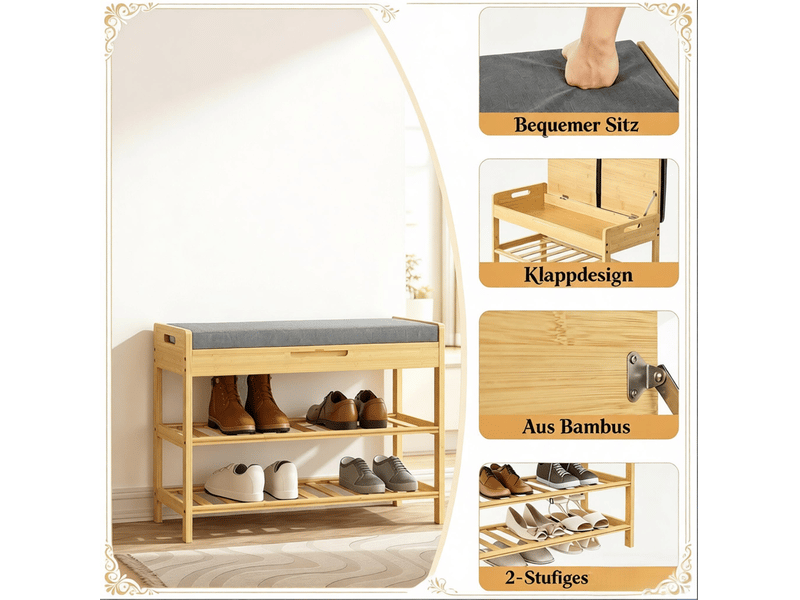  Banc à chaussures 68x30x50 cm avec assise confortable et compartiment caché, gris  - Conforama D