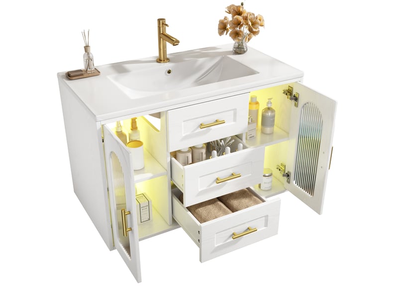  Meuble sous vasque mural 76x46x55 cm avec vasque et led blanc effet bois  - Conforama A