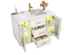 Meuble sous vasque mural 76x46x55 cm avec vasque et led blanc effet bois