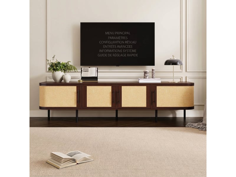 Meuble tv noyer 180 cm façade tressée 4 portes pieds métal - Conforama B