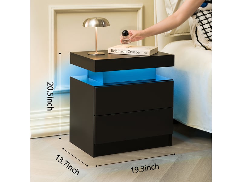  Table de chevet led noire, 2 tiroirs, design moderne  - Conforama C