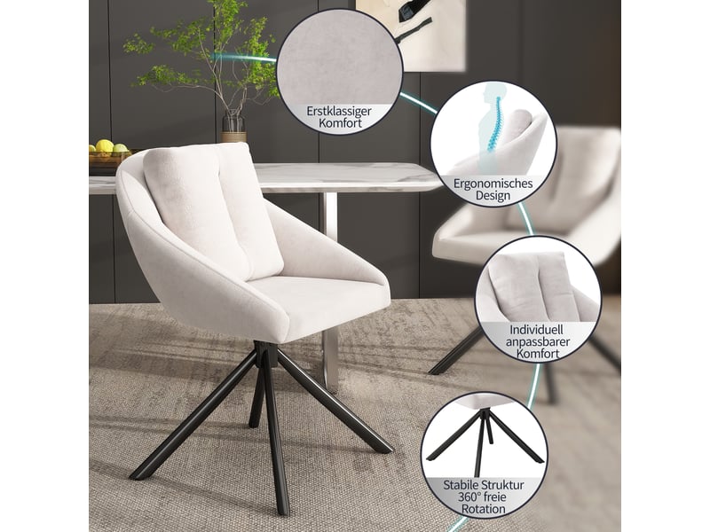  Lot de 4 chaises de salle à manger pivotantes 360°  - dossier ergonomique velours beige  - Conforama E