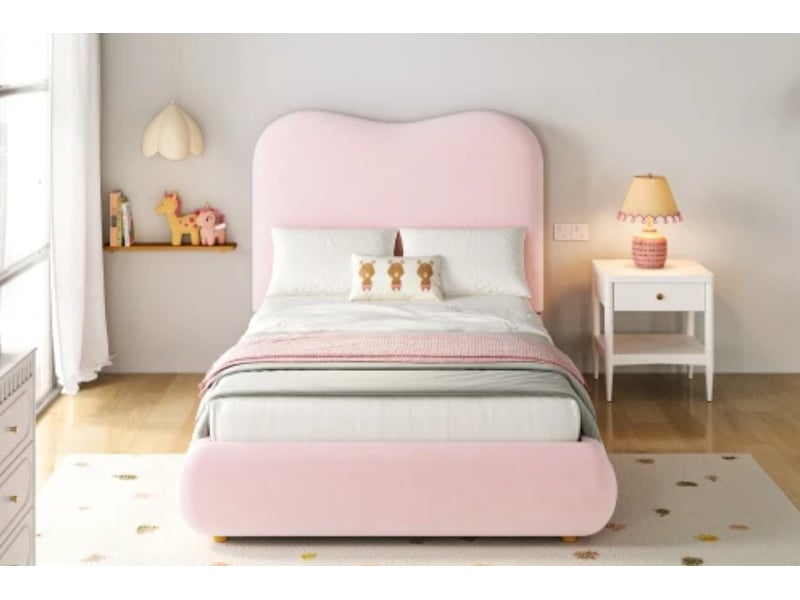  Lit capitonné, 90×200 cm, simple, hydraulique, sommier + tête de lit + grand rangement, velours, rose  - Conforama B