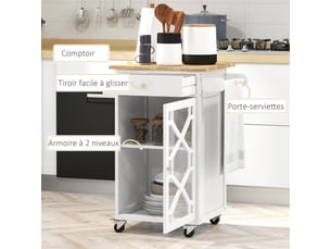 Chariot de service - desserte de cuisine à roulettes - tiroir, porte-serviette -  blanc, placard
