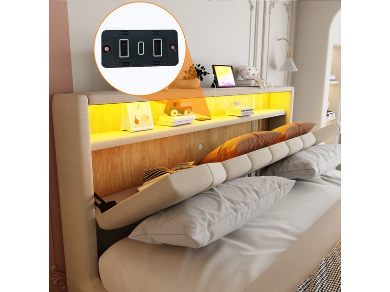  Lit coffre hydraulique 140x200 cm - lin beige - lit double avec tête de lit rembourré - bande led, usb et type-c  - Conforama E