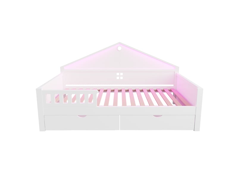 Lit enfant simple 90x200 cm avec 2 tiroirs, bande led pilotée sommier à lattes, bois et mdf blanc sans matelas - Conforama A