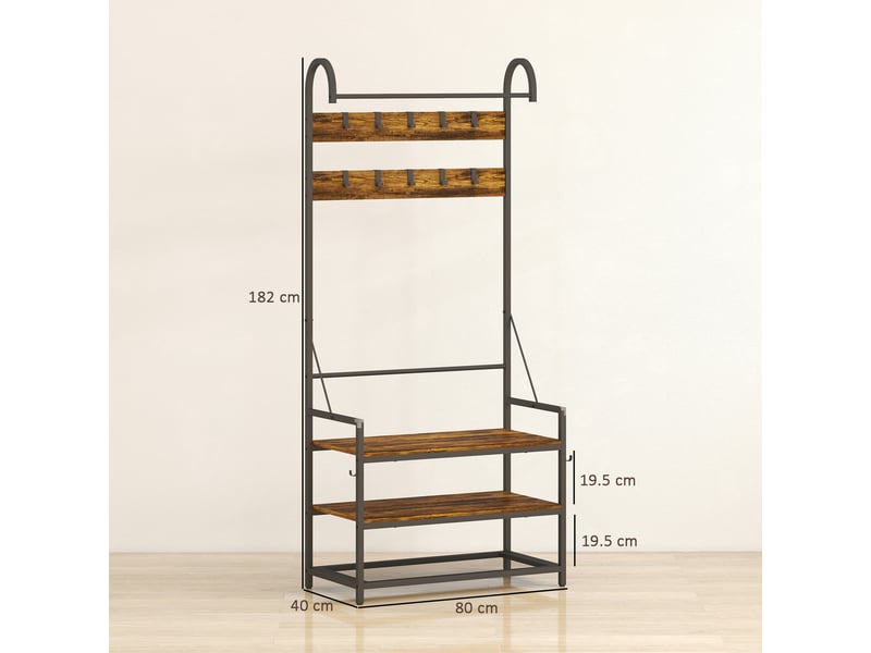  Portant d'entrée avec tringle, 10 crochets, banc et étagère à chaussures, bois et métal, 80 x 40 x 182 cm, marron et noir  - Conforama E