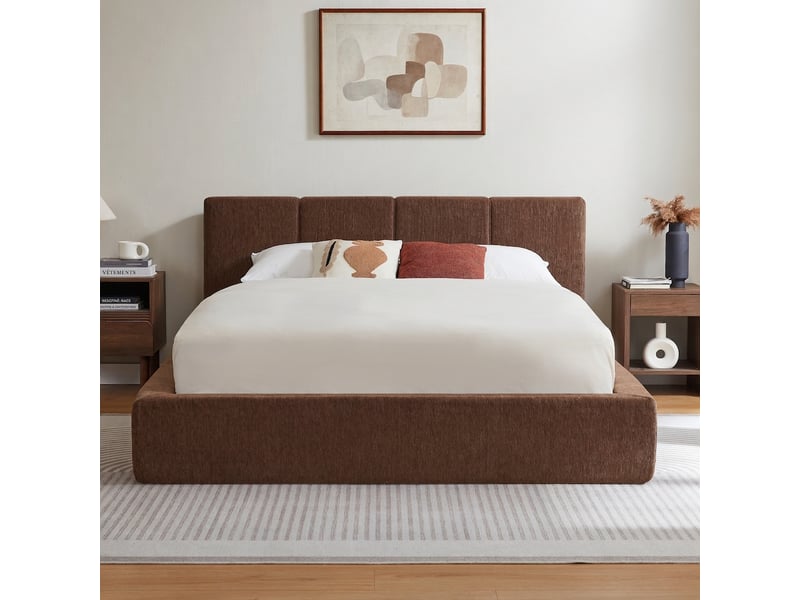 Cadre de lit 140x200 avec tête de lit rembourrée, lit double marron sans sommier tapissier - Conforama D