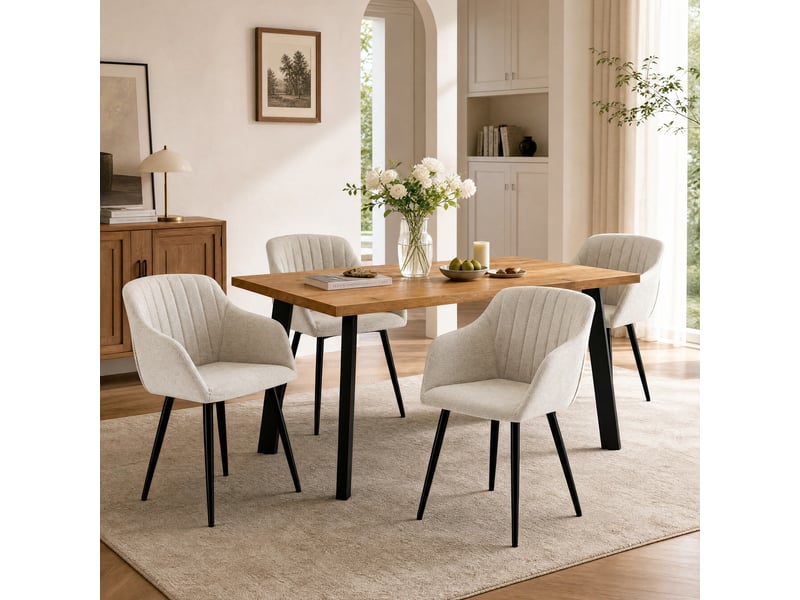  Ensemble table et 4 chaises - table rectangulaire 160x80 cm monobloc en chêne sauvage et pieds métal, 4 chaises en tissu beige et pieds métal  - Conforama B