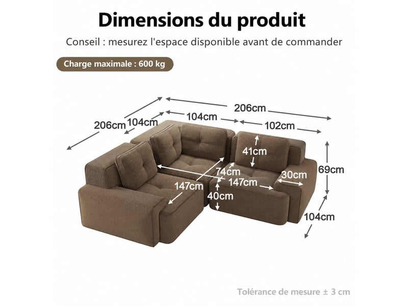  Canapé modulable combinable sans cadre, assise profonde en velours côtelé, salon ou bureau, 69 × 206 × 206 cm, marron  - Conforama C