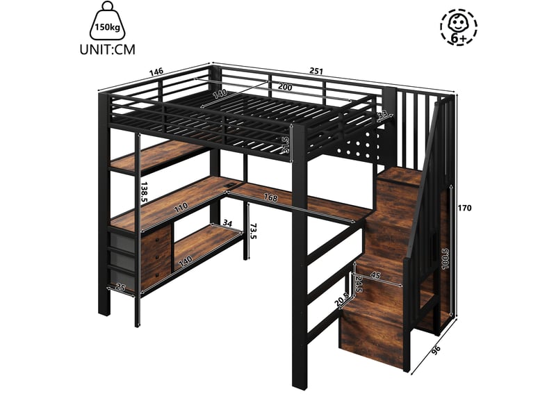  Lit mezzanine 140x200 cm avec bureau, rangements et led noir  - Conforama C