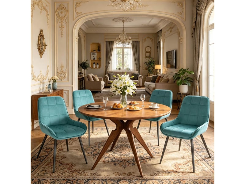 Lot de 4 chaises de salle à manger avec assise rembourrée et dossier incurvé en velours turquoise - Conforama B