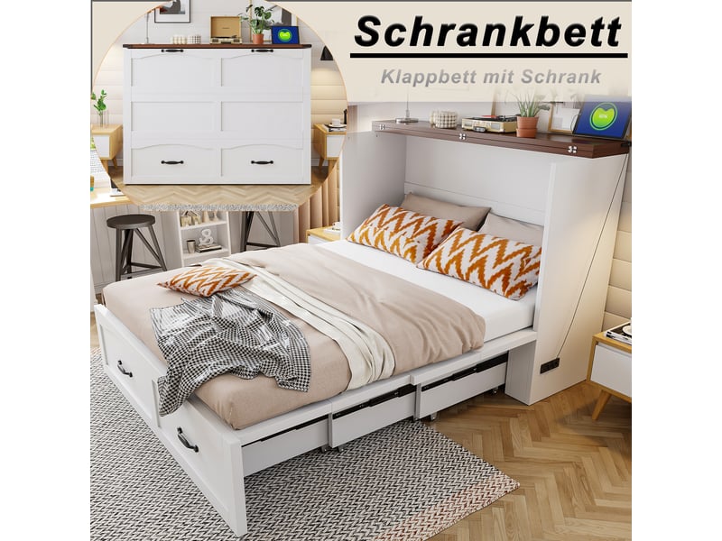  Lit escamotable double 140×200 cm avec prise intégrée et roulettes silencieuses - okmyhome- blanc, sans matelas  - Conforama E