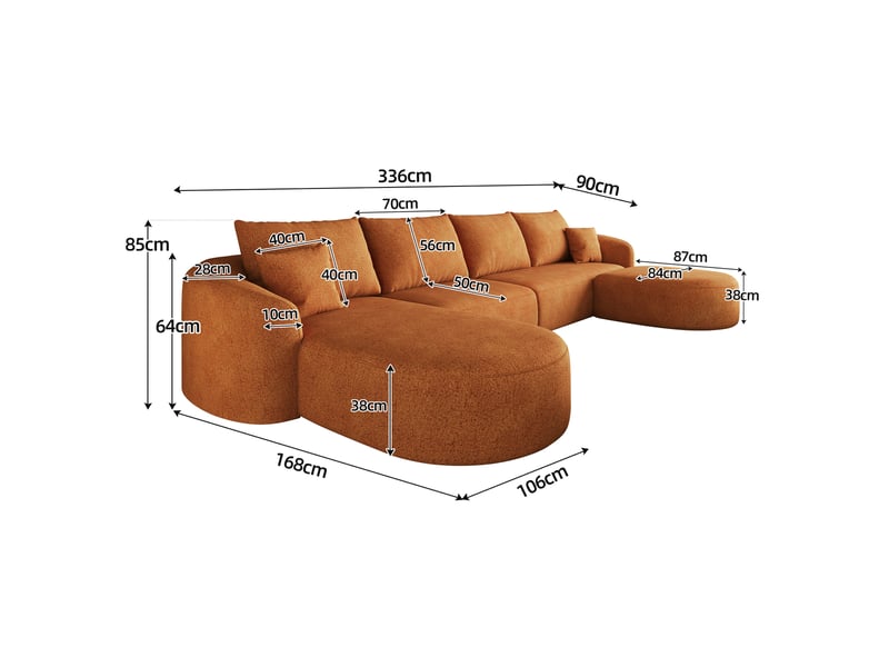 Canapé panoramique en u 5 places modulaire sans montage, mousse haute élasticité en chenille orange, 336 × 168 × 85 cm - Conforama C