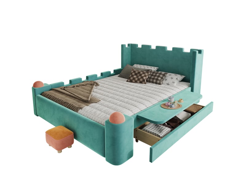  Lit enfant 140x200 cm, tablette latérale rabattable, tiroir rangement, bureau, chambre, bois, bleu-vert, sans matelas  - Conforama A
