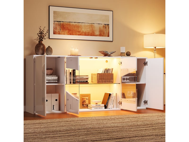  Buffet 160×35×70 cm en mdf et verre trempé avec 4 portes et éclairage led blanc chicfurn  - Conforama D