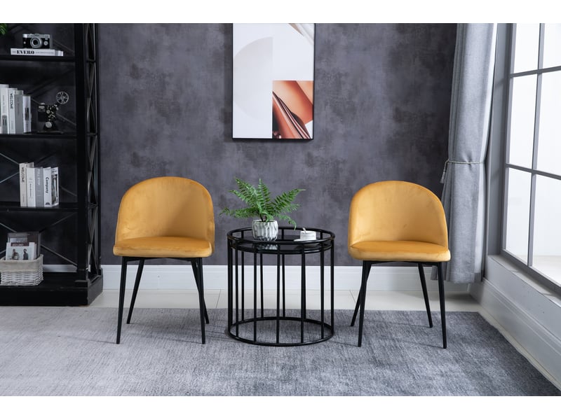  Lot 2 chaises salle à mangercuisine scandinaves, velours rembourré, pieds métal effilés, salonsalle à manger, jaune.  - Conforama D