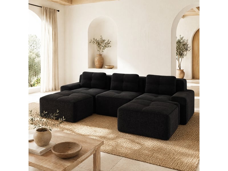  Canapé modulaire en u 3 places avec ottoman en velours côtelé noir  - Conforama B