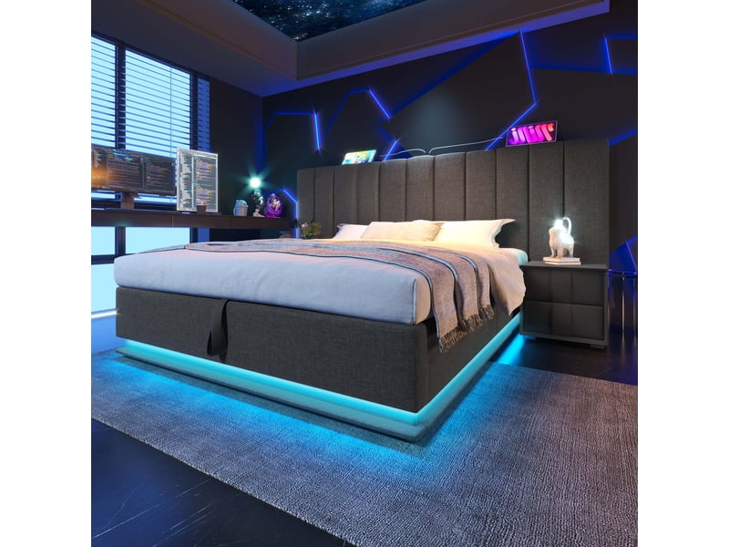 Lit coffre double 180 × 200 cm avec led réglable, 3 usb et port type-c, matelas inclus, en lin gris - Conforama C
