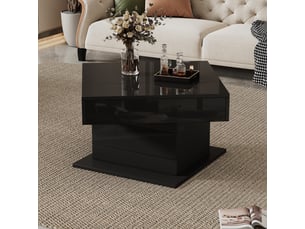 Table basse 70x70x45 cm avec plateau pivotant et rangement, aggloméré, noir