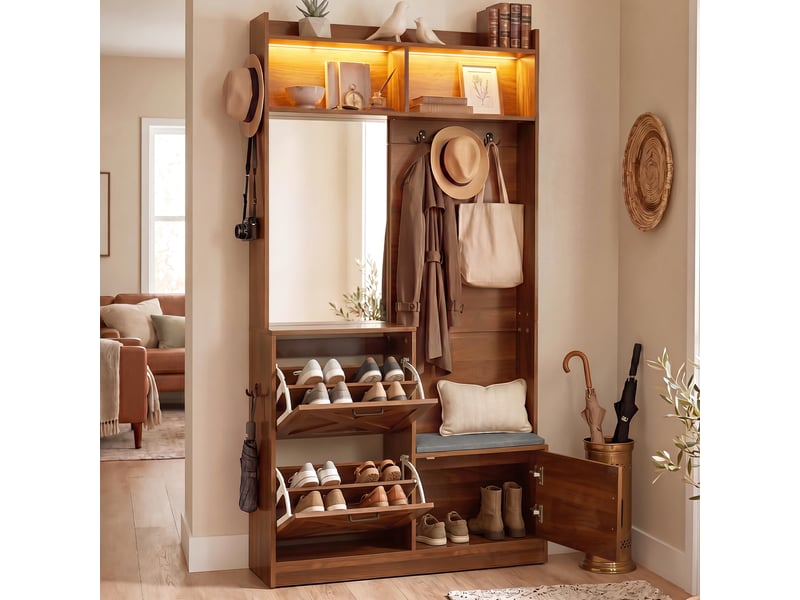 Vestiaire d'entrée avec miroir 100 cm meuble d'entrée avec banc à chaussures noyer  - Conforama E