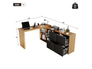 Bureau d'angle avec plateau pivotant à 360° – configuration en l ou droite modulable, meuble en mdf avec plateau et pieds renforcés de 4 cm, 4 niches et 4 tiroirs de rangement, table informatique et bureau polyvalent