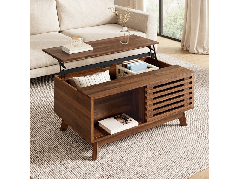  Table basse ulevr relevable avec rangement, porte coulissante à lamelles, mdf effet noyer, 90 x 55 x 57,5 cm  - Conforama B
