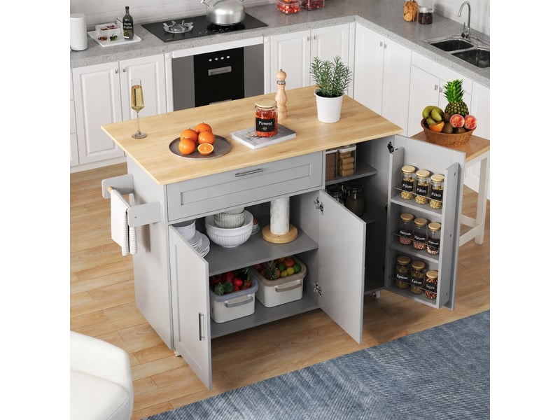  Desserte de cuisine à roulettes avec plan de travail rabattable, îlot avec rangement, gris et bois clair  - Conforama B