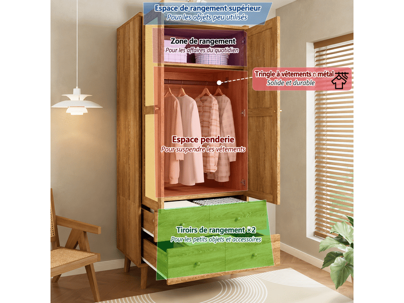  Armoire 80x50x180 cm, portes effet rotin, tringle et étagères, 2 tiroirs, pieds surélevés, mdf, noyer naturel OMNIGLINT TRADING LTD - Conforama D