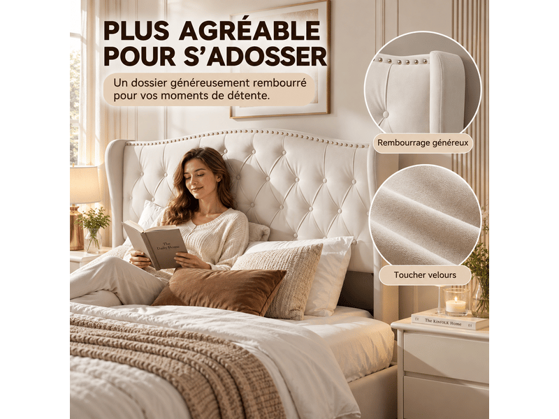 Lit rembourré 140x200 cm avec sommier à lattes relevable, lit coffre hydraulique 2 places avec espace de rangement sous le lit, tête et pied de lit capitonnés en tissu velours doux, cadre de lit double tapissé pour chambre à cou… - Conforama E