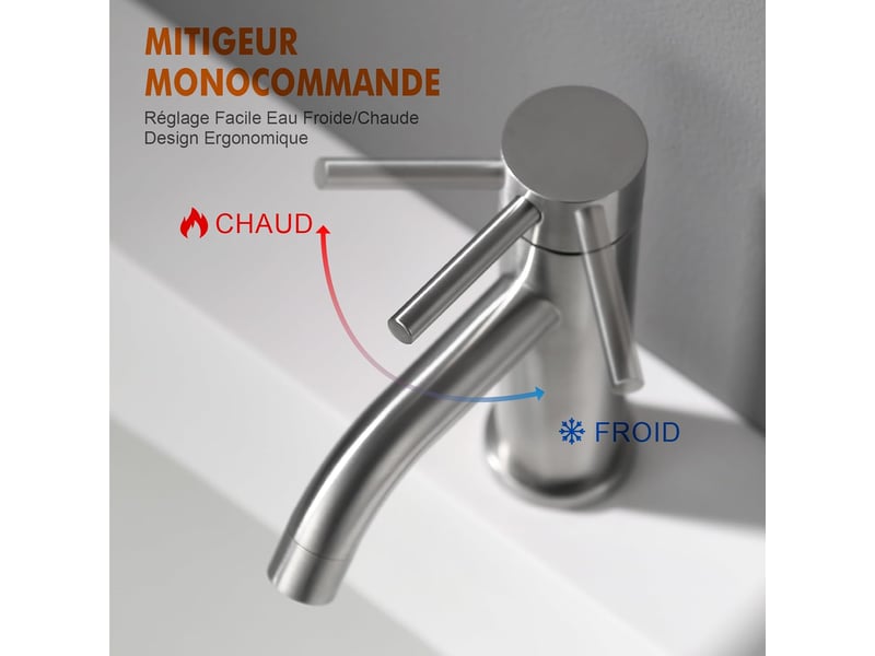  Robinet de lavabo moderne, mitigeur monocommande en acier inoxydable, valve céramique silencieuse, eau chaude et froide, finition grise, deux flexible QA000109 - Conforama D