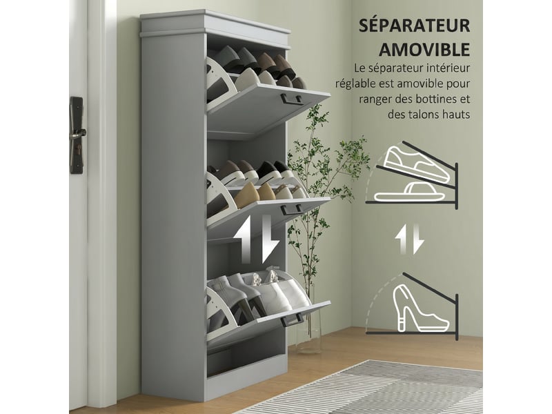  Meuble à chaussures, armoire à chaussures 3 portes abattants 15 paires, étagères réglables, gris, 54 x 24 x 117,5 cm  - Conforama R