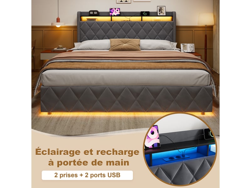  Lit coffre 180x200 cm, hydraulique, tête losange, rangement et led, étagère intégrée, velours gris, sans matelas  - Conforama D