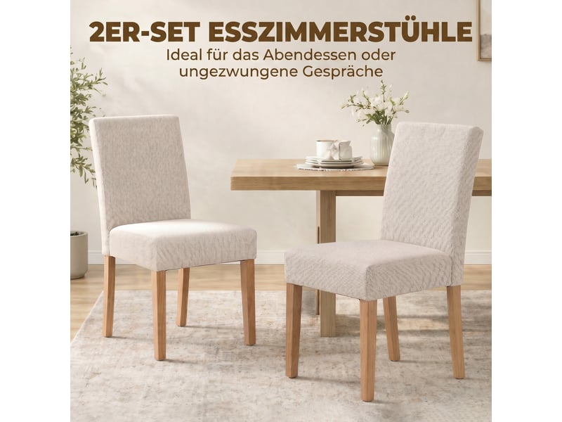  Lot de 2 chaises de salle à manger tissu effet lin et bois d'hévéa blanc crème  - Conforama D