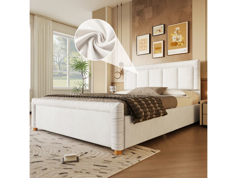  Lit 140 x 200 cm beige, velours français, deux tiroirs sous le lit et piètement bois élégant  - Conforama D