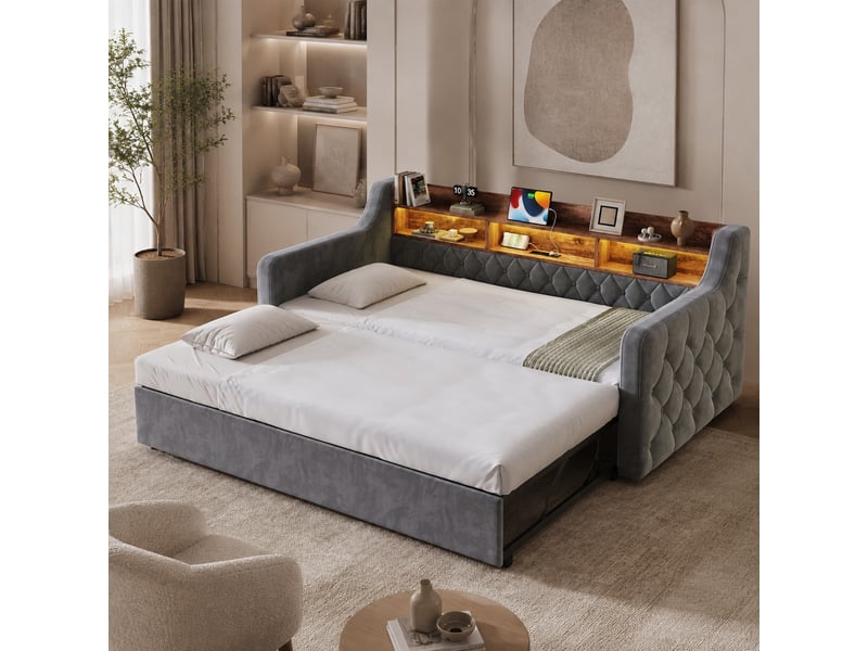 Lit banquette 2 places 90x190 cm en velours avec lit gigogne, rangement, led, usb et type-c, sans matelas, gris foncé - Conforama B