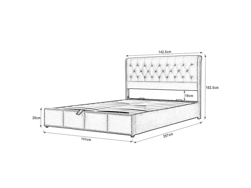  Lit double capitonné 140 x 200 cm, coton et lin, levier hydraulique, rangements intégrés, décoration cloutée, sans matelas  - Conforama E