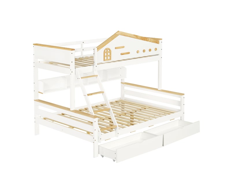  Lit superposé enfant 90x200 et 140x200 cm – blanc et naturel – 2 tiroirs de rangement – sans matelas  - Conforama D