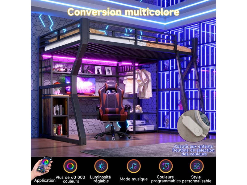  Lit mezzanine, 140 x 200 cm, avec bande lumineuse, prise électrique, espace penderie, bureau,noir  - Conforama E
