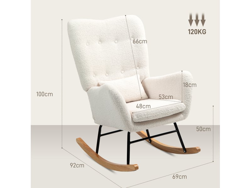  Fauteuil à bascule modenvie avec accoudoirs tissu effet teddy blanc crème 69 x 92 x 100 cm  - Conforama C