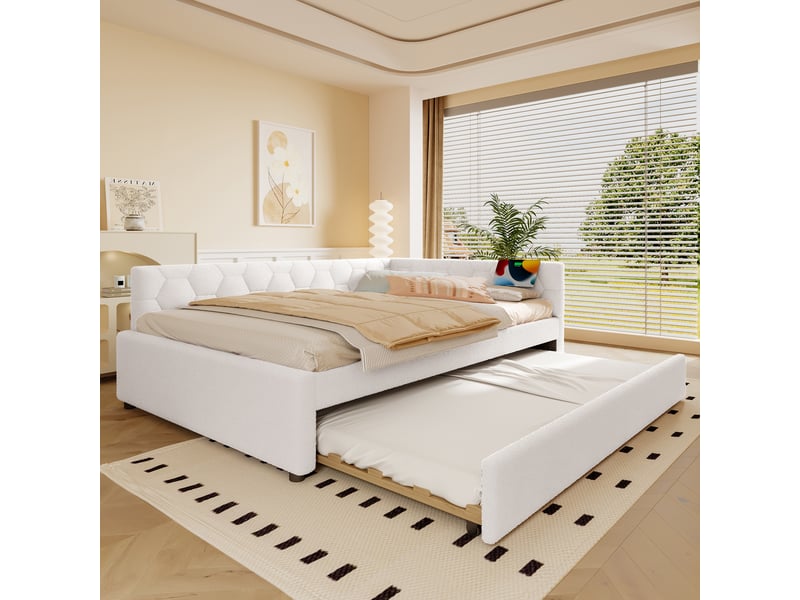  Lit gigogne 140x200 cm, lit enfant, ports usb et type-c, lampe intégrée, sommier, velours, blanc, sans matelas  - Conforama W
