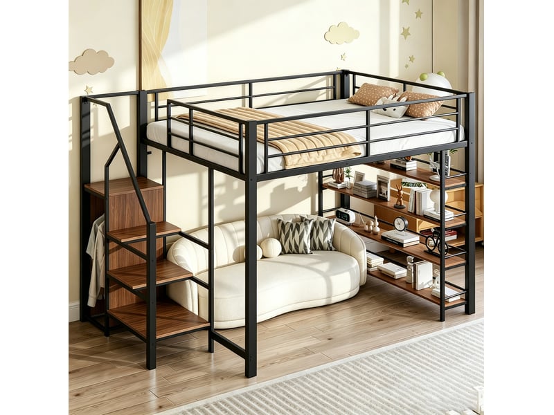  Lit mezzanine 140x200 cm avec escalier de rangement et garde-corps noir  - Conforama D