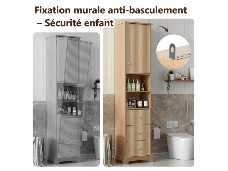 Colonne de salle de bain 40 x 30 x 172 cm – naturel – 3 tiroirs, 1 placard, 2 niches, étagère réglable - Conforama E